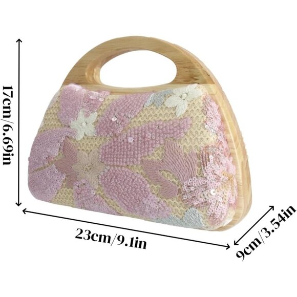 Pink Straw Clutch Handbag for Women Summer Evening Party Wedding with Removable - Picture 2 of 6